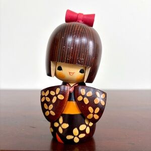 Vintage Kokeshi Doll “Yellow Flowers” by Ishida Tomio